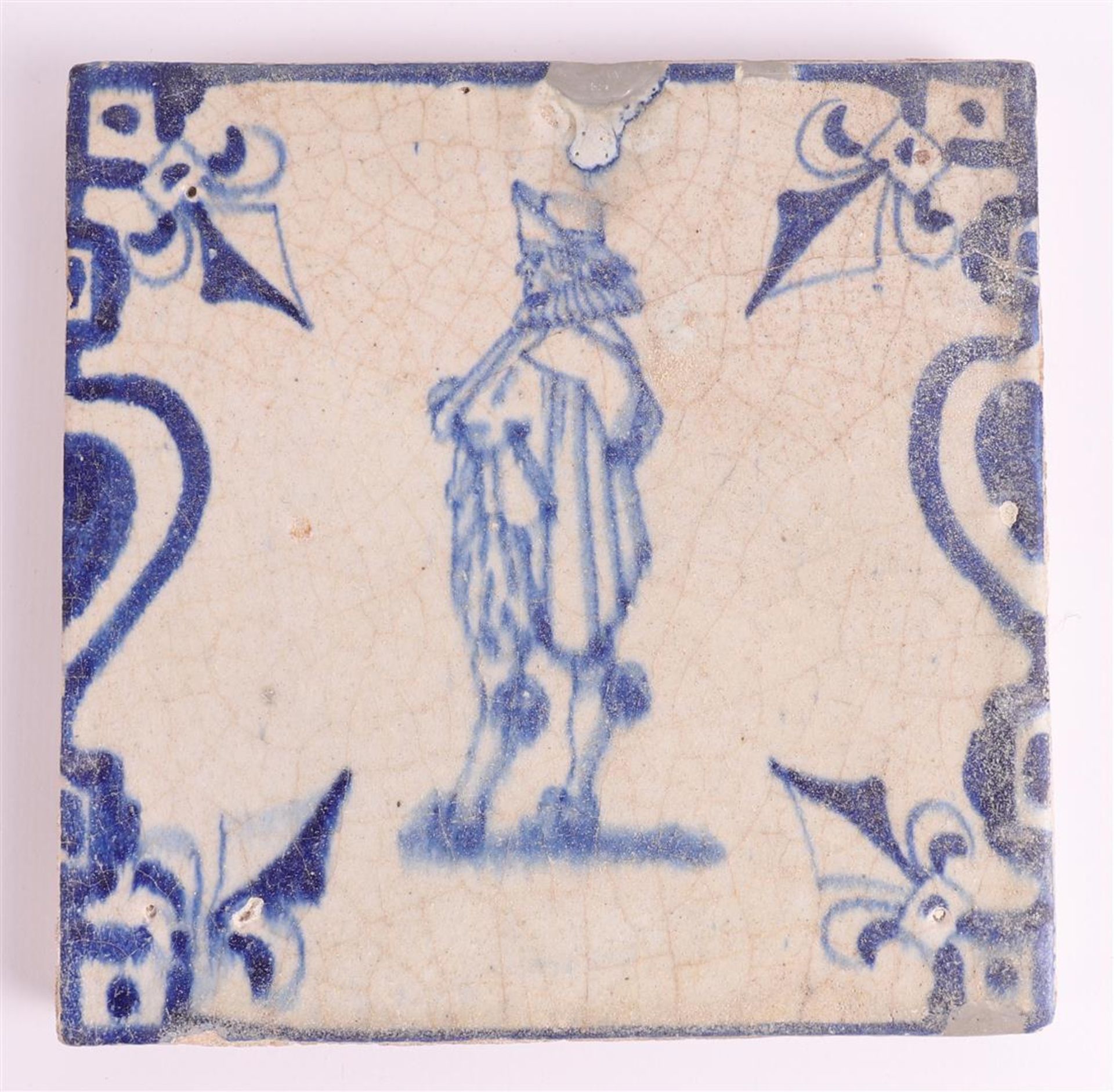 Three various blue/white tiles with, among other things, an image of a nobleman, Holland 17th - Image 4 of 5