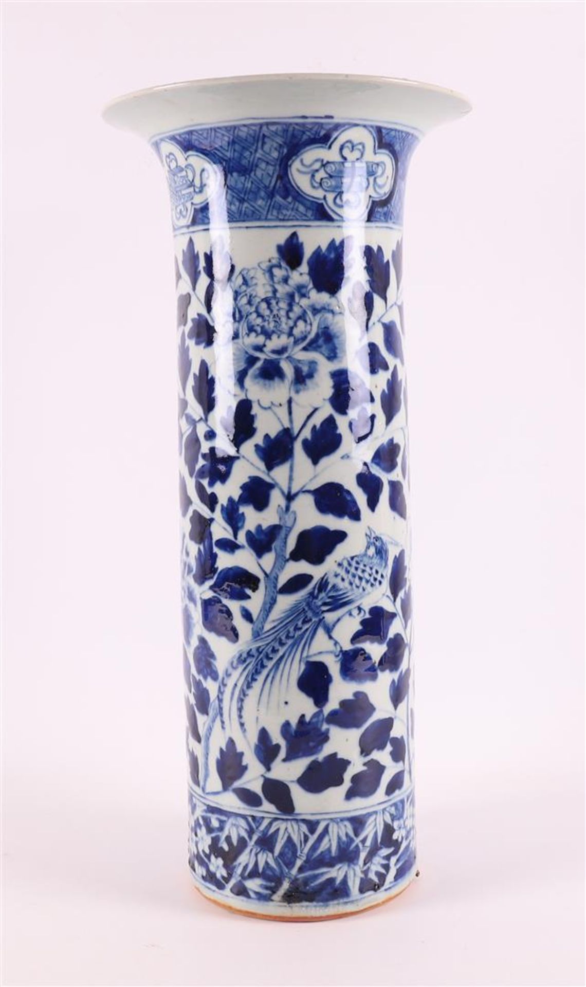 A cylindrical blue and white porcelain trumpet vase, China, 19th century. Blue underglaze floral - Image 2 of 7