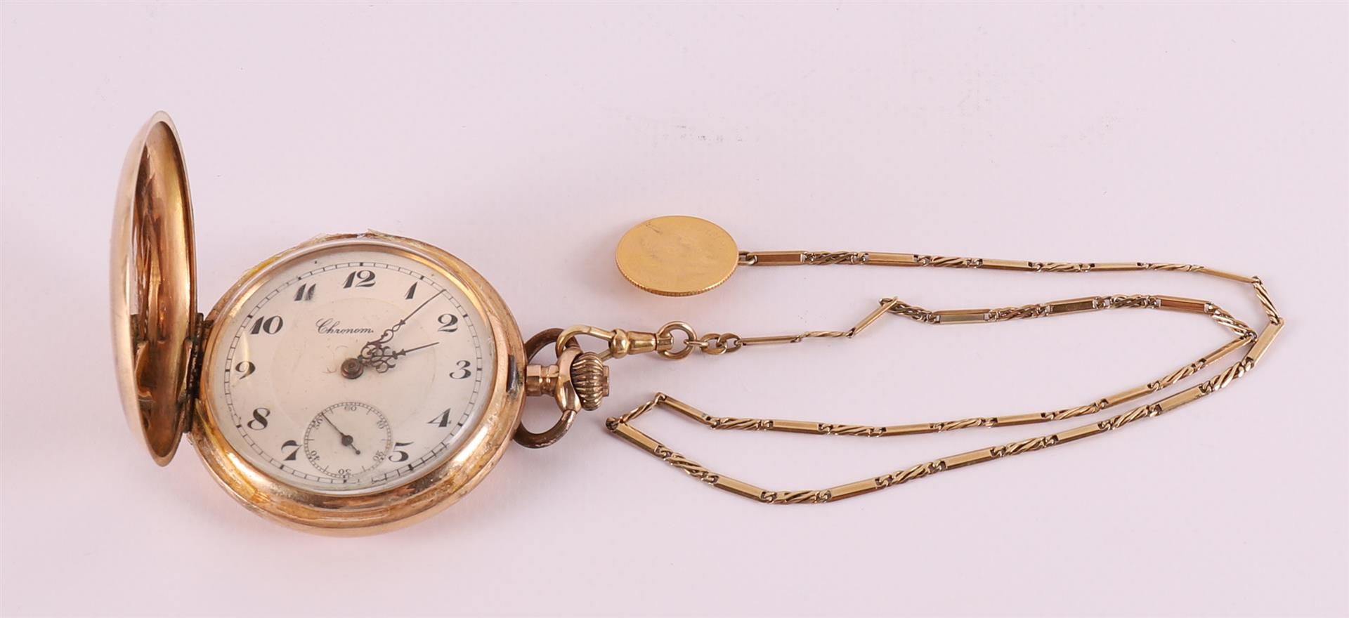 A men's vest pocket watch in 14 kt 585/1000 gold case and ditto gold watch chain with gold five
