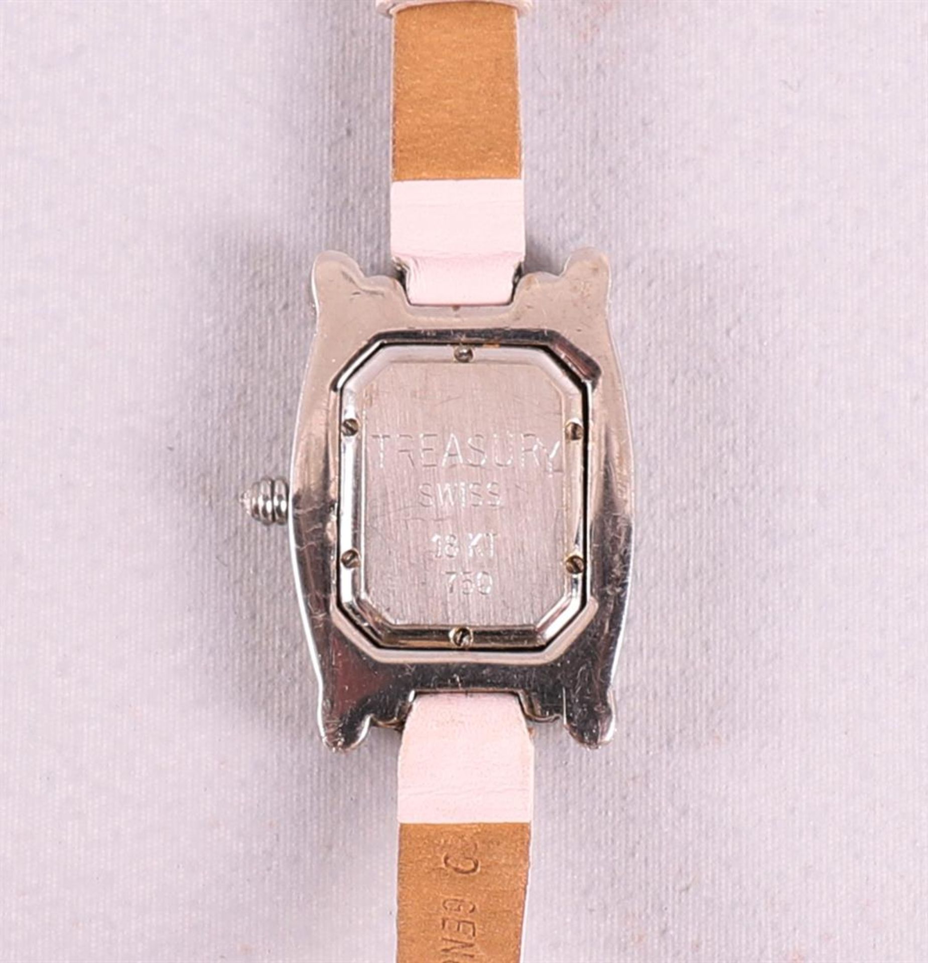 A Treasury women's wristwatch with an entourage of many brilliants, on a pink leather strap. The - Image 3 of 4