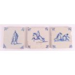 Three various blue/white equestrian tiles with ox head corner motifs, Holland 17th century, h 13 x w