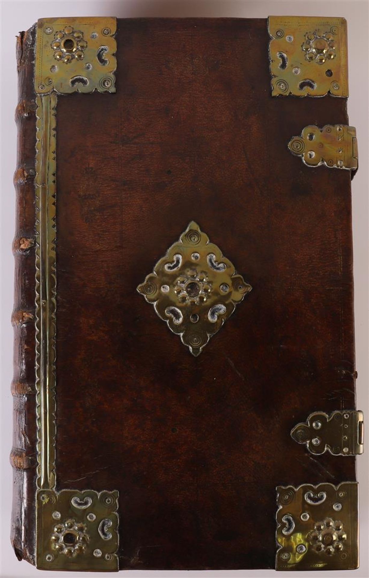 A State Bible in original brown leather binding with brass fittings and clasps, heirs Paulus Aertsz.