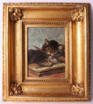 Ronner-Knip, Henriëtte (in the manner of) "Kitten with pencil and book", ca. 1900. Not signed, oil