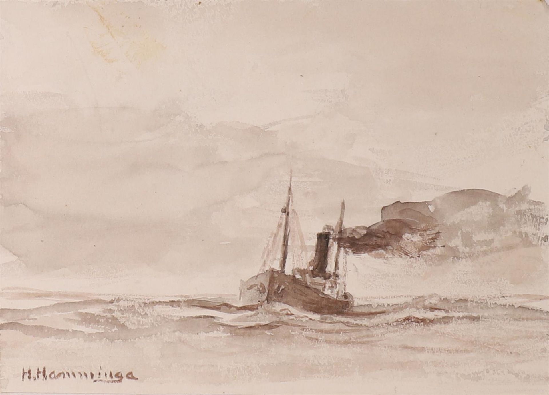 Hamminga, Rieks (1918-) "Botter at harbor mouth", signed l.l., watercolor/paper, h 16.5 x w 22 cm. - Image 3 of 4