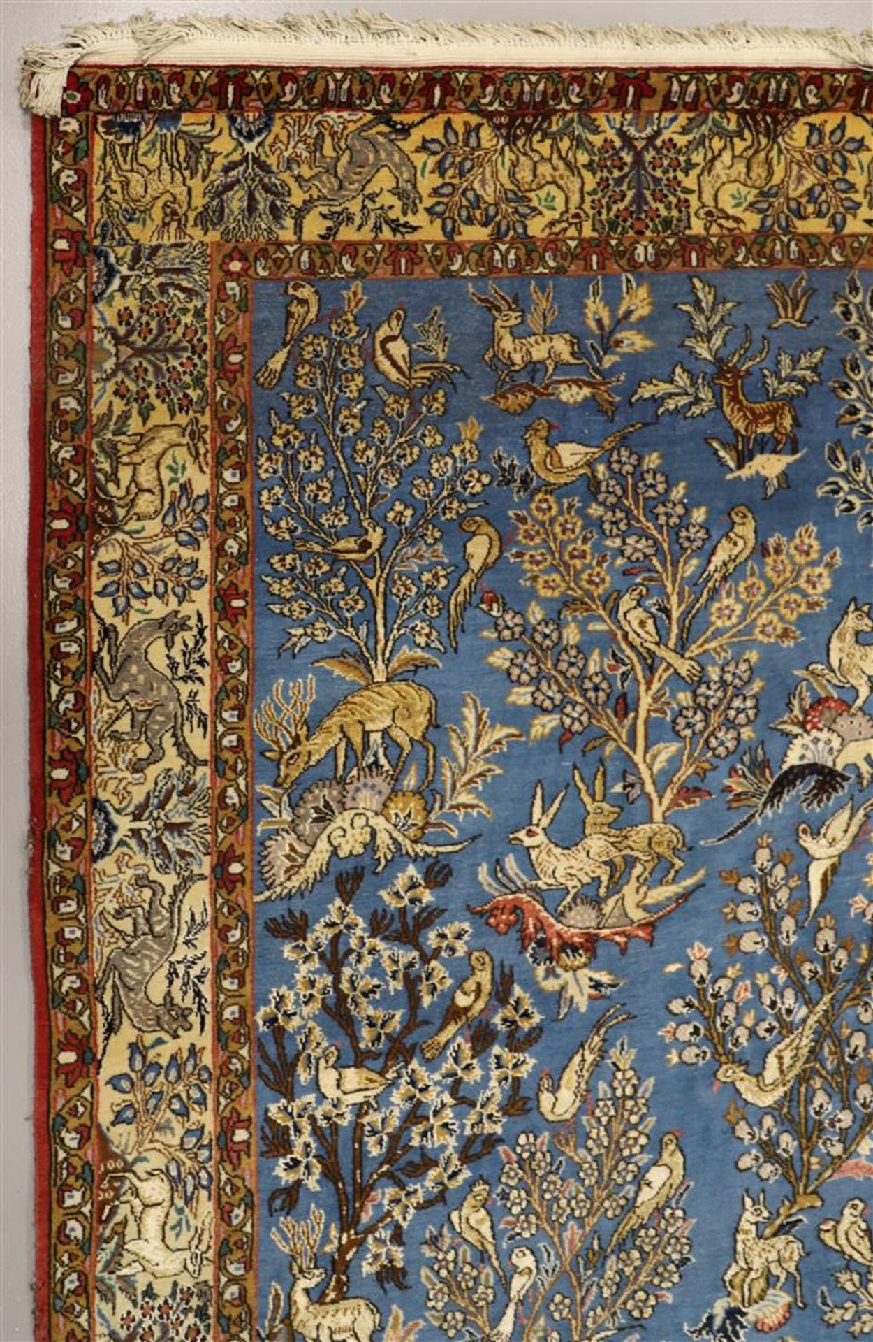 A Persian silk carpet, Ilam Sherkat Farsh. Polychrome decor of deer, hares and birds in floral - Image 4 of 6