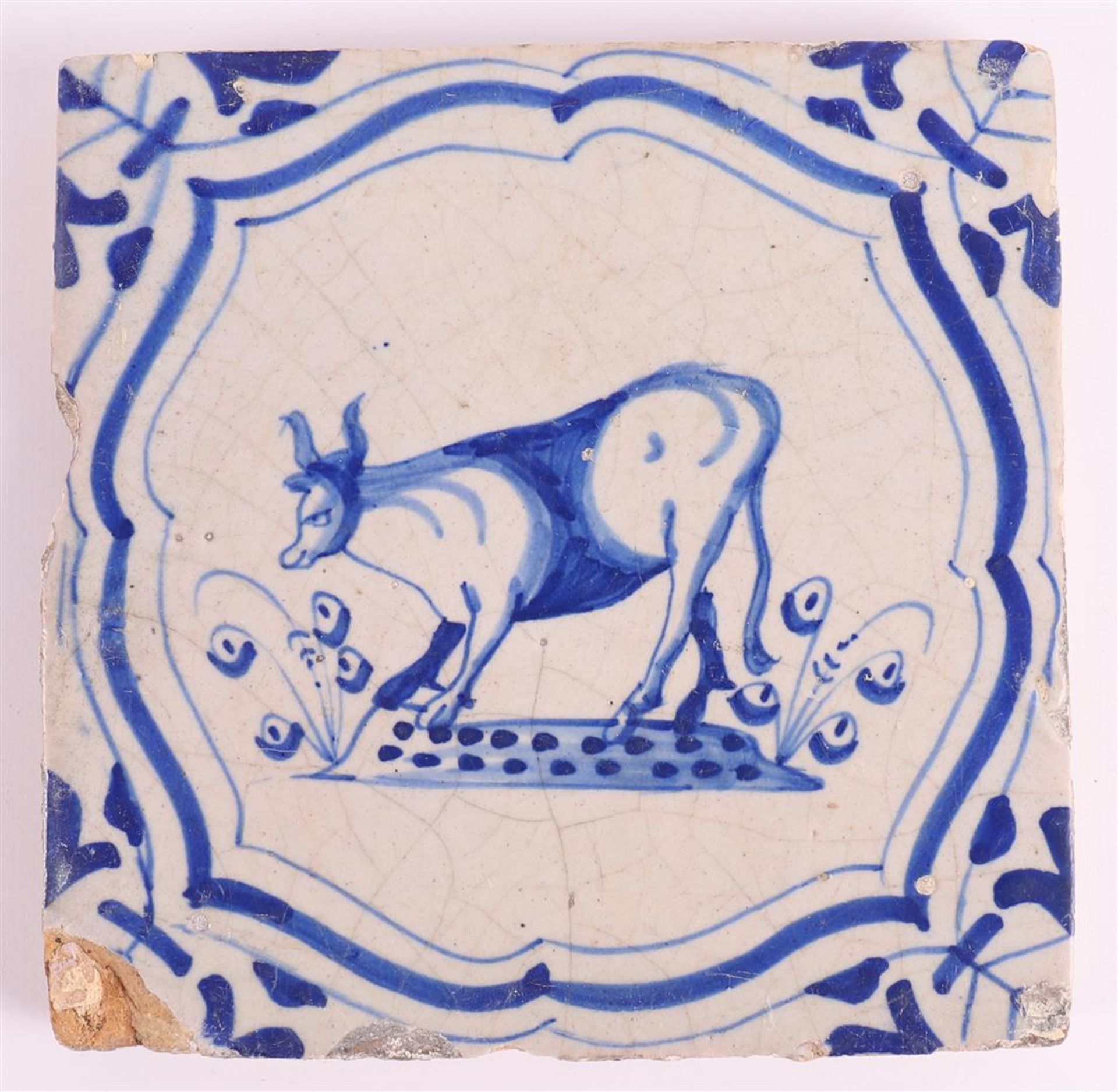 Two blue/white tiles with a cow incartouche decor with 'winged-leaf' corners, Holland, 17th century, - Image 4 of 4