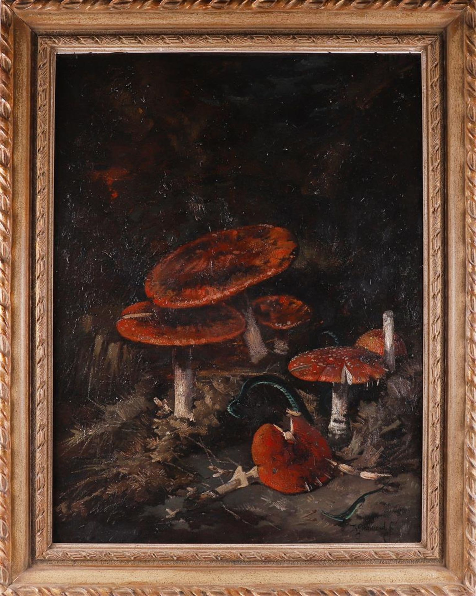 Goedvriend, Theodorus F (Theo) (1879-1969) "Mushrooms on tree stump", signed bottom right, oil