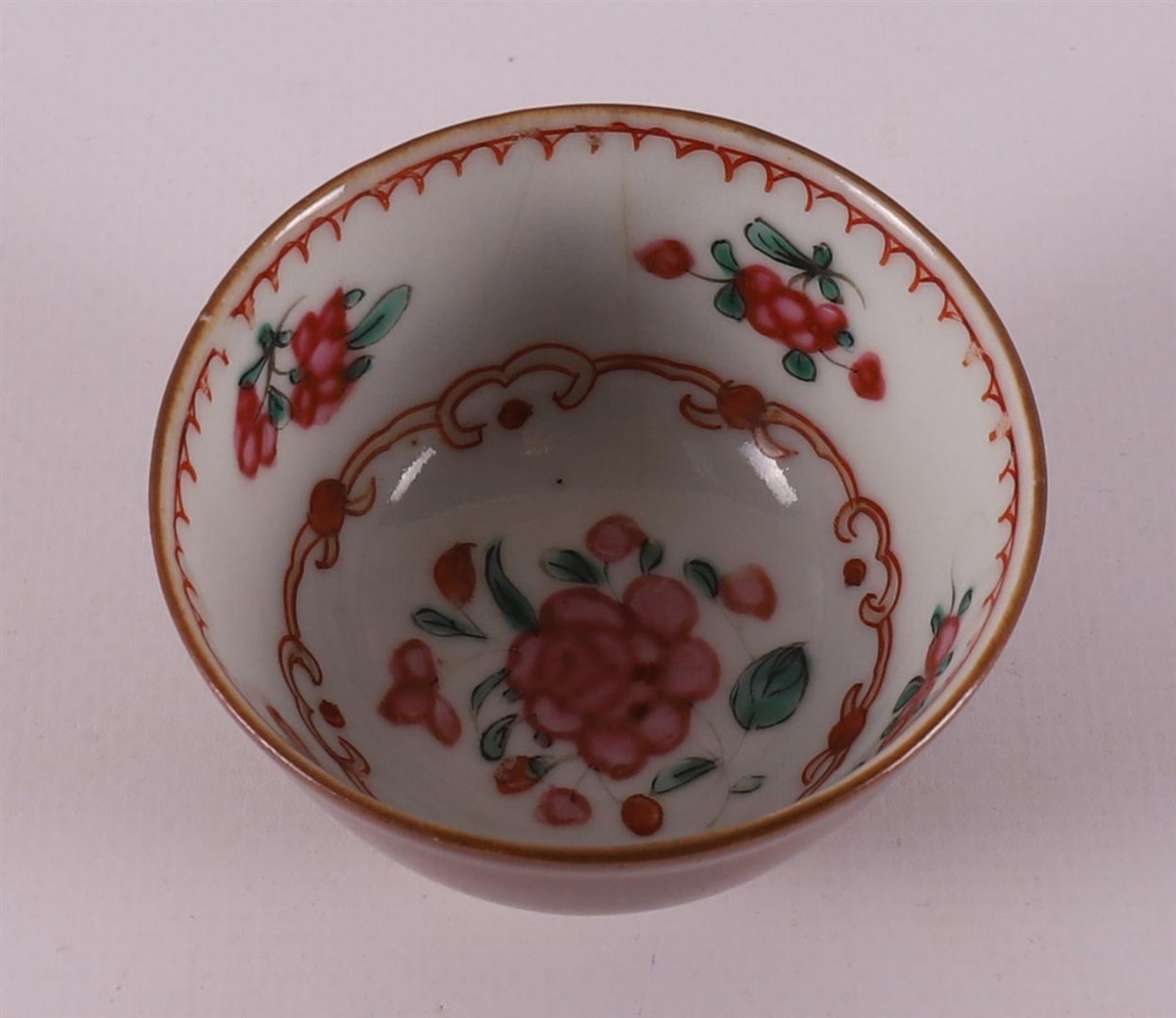 Three famille rose cups and saucers on capucine ground, China, Qianlong, 18th ce - Image 8 of 9