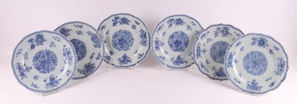 A series of six blue/white porcelain contoured plates, China, Qianlong,