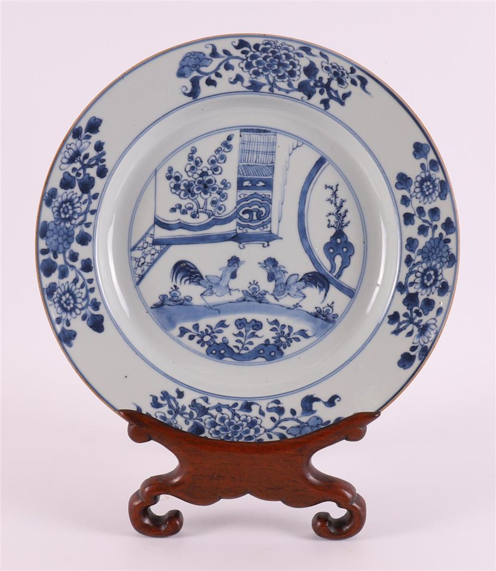 A blue/white porcelain 'cock dish', China, Qianlong 18th century.