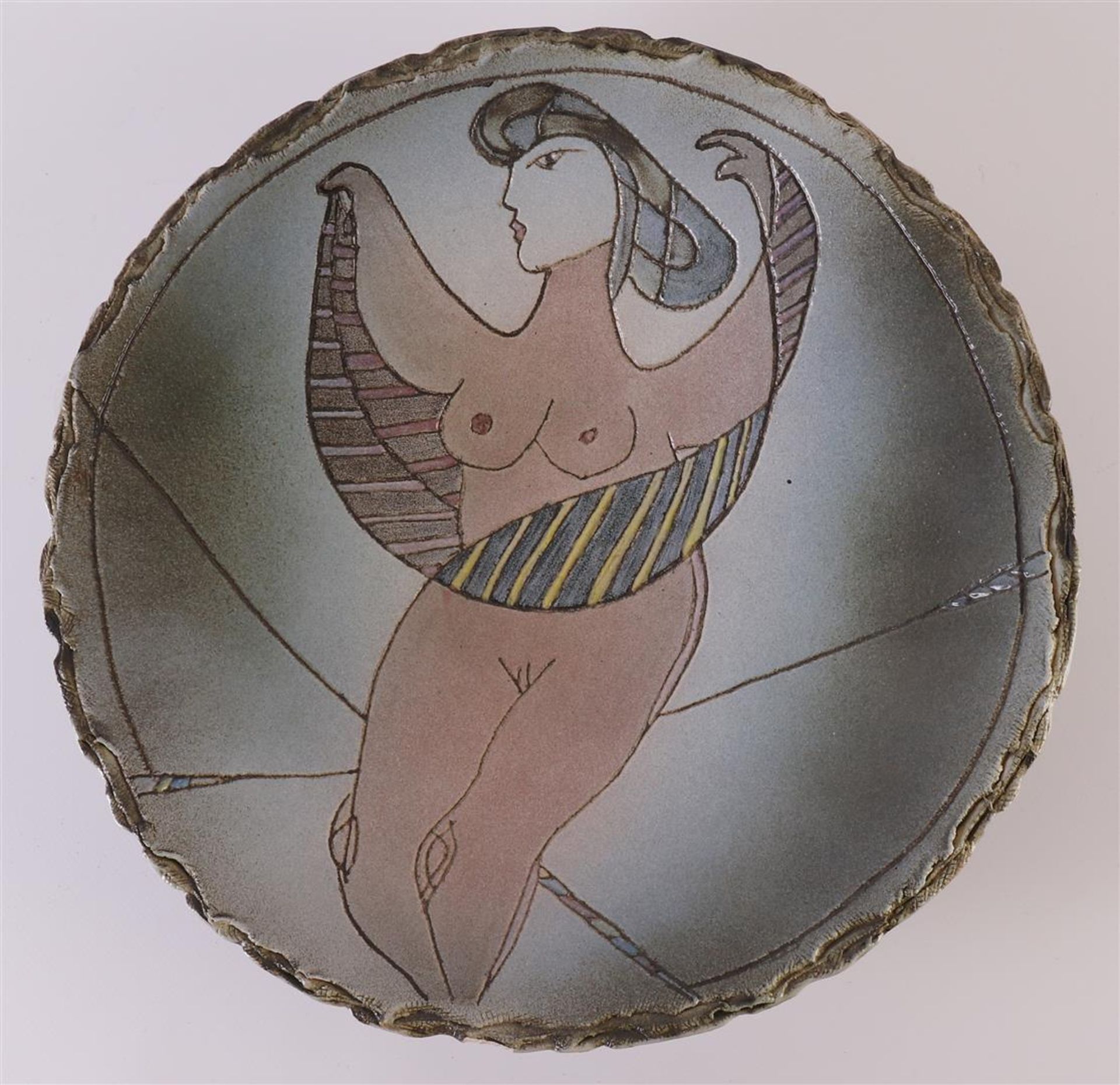 A polychrome ceramic bowl signed on the back: M. Klaver