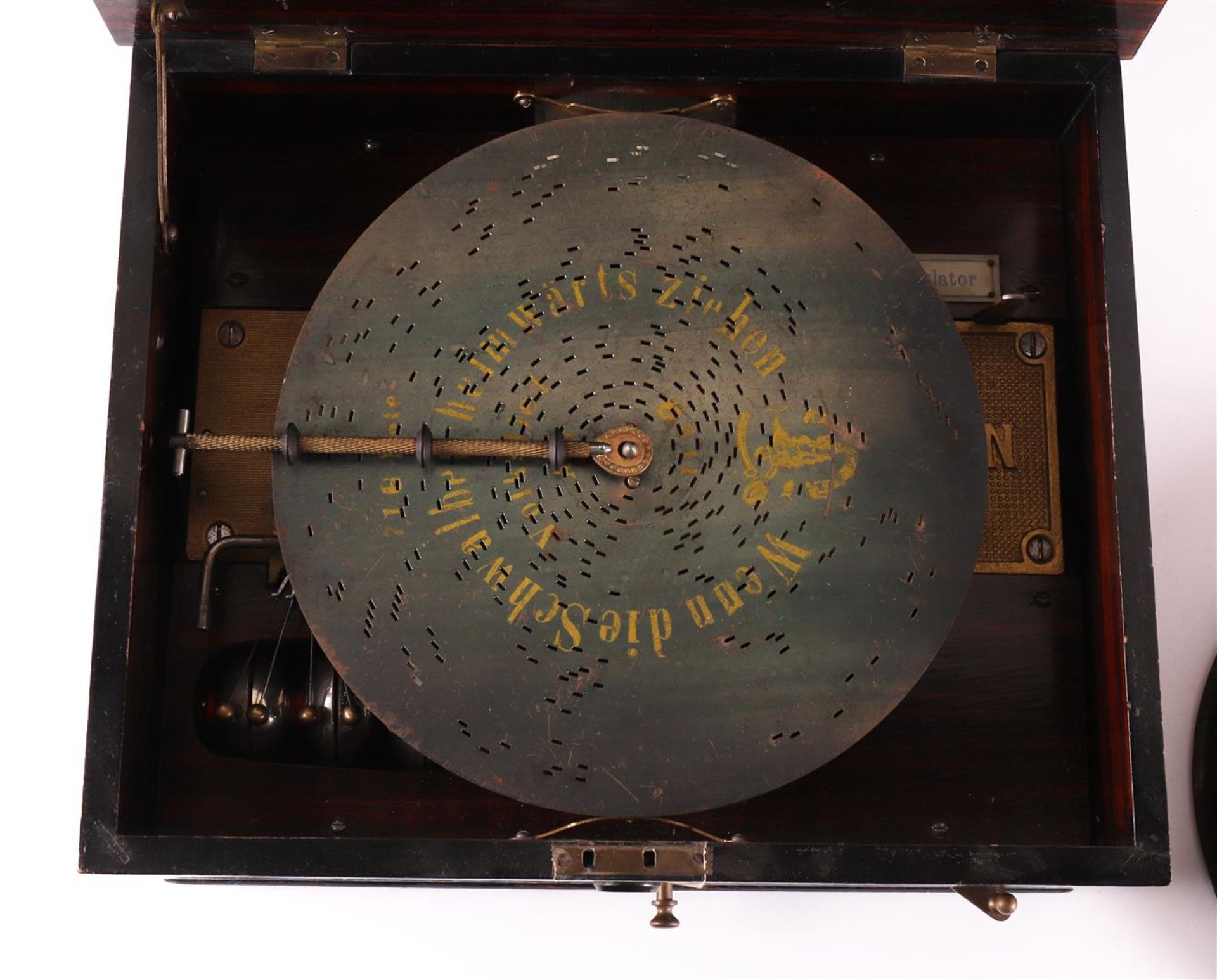 A polyphonic record music box with three bells and various records, 19th century - Image 2 of 3