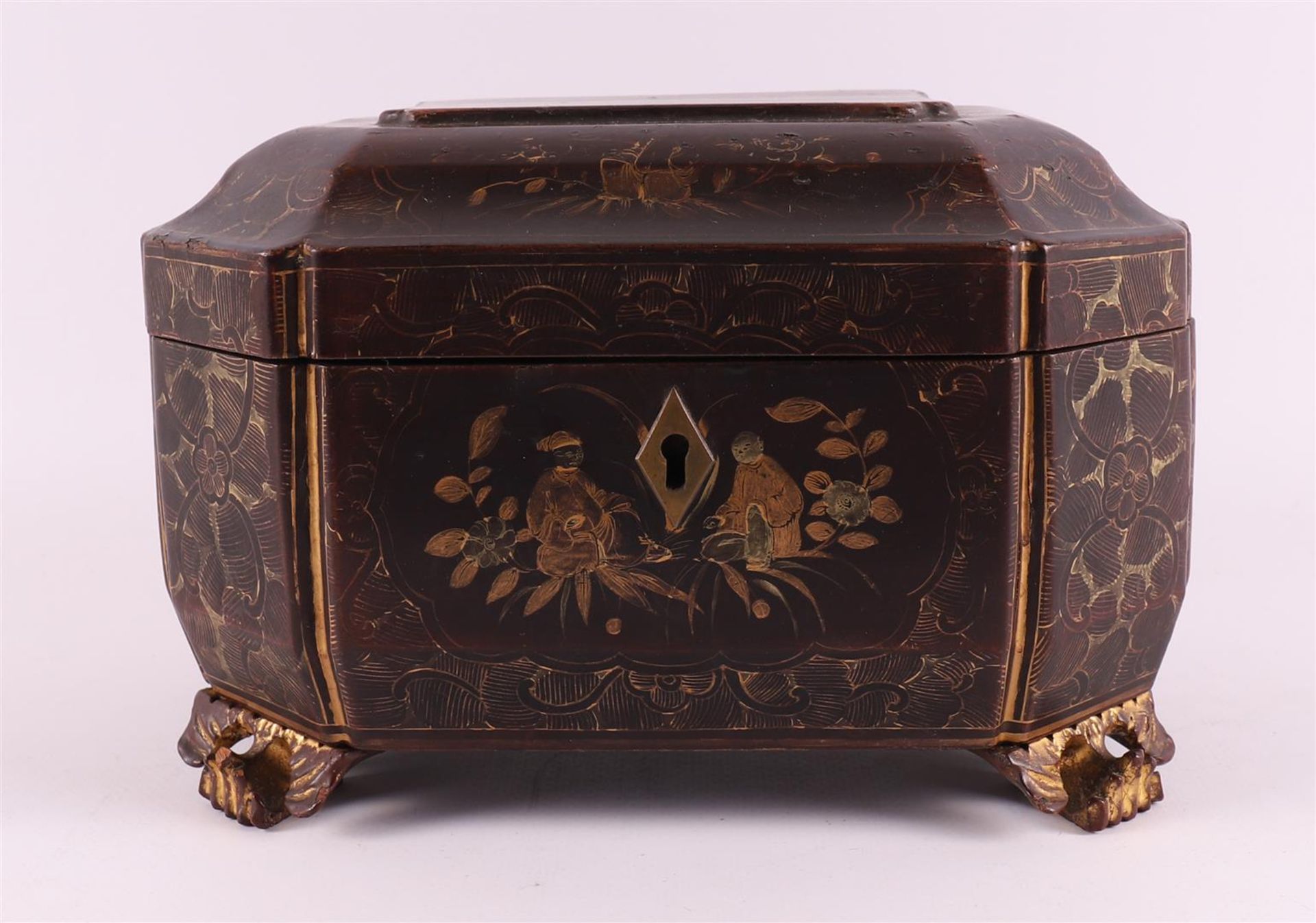 A gold-coloured decorated Chinese black lacquer tea chest, Qing dynasty, - Image 3 of 11