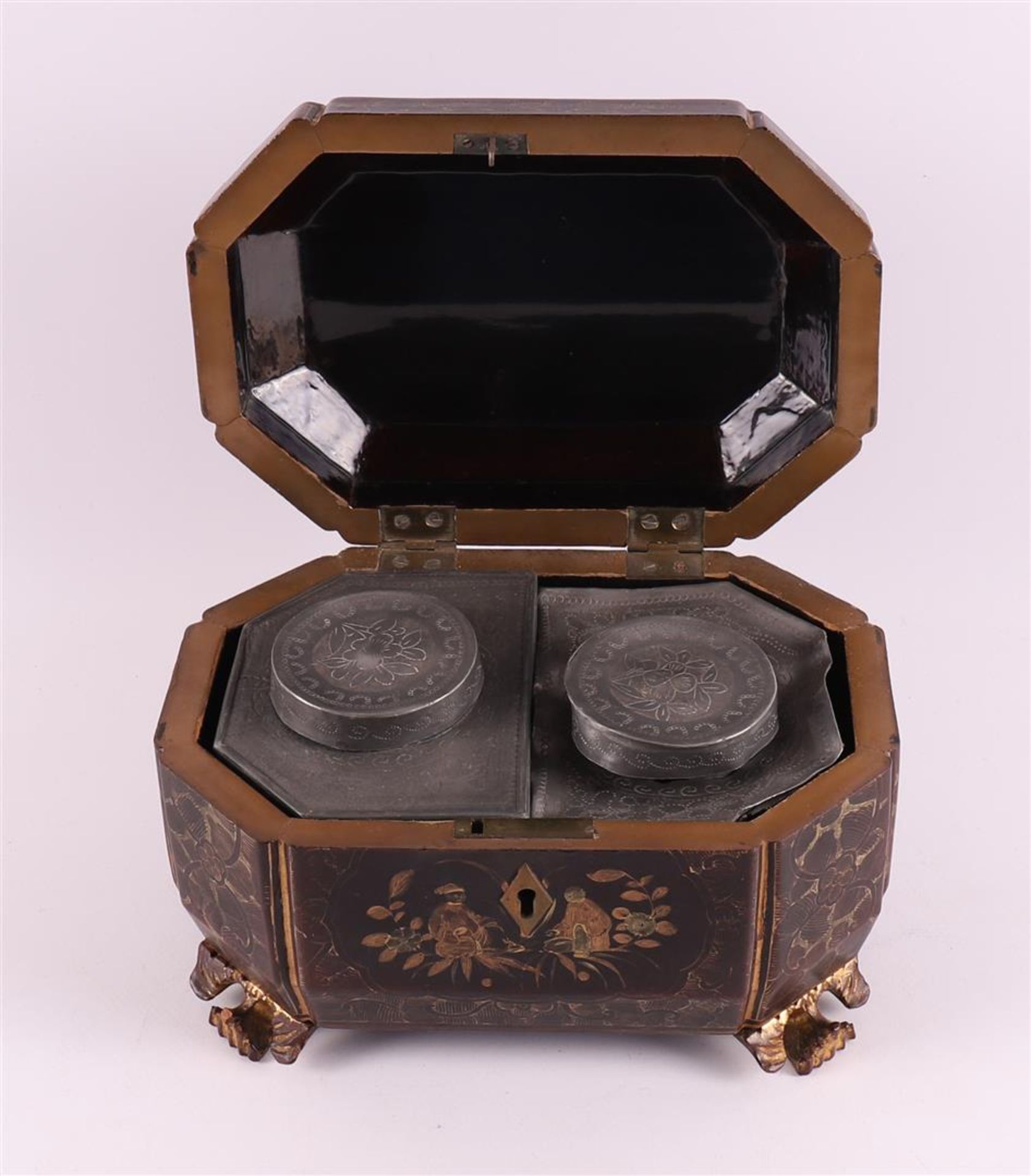 A gold-coloured decorated Chinese black lacquer tea chest, Qing dynasty, - Image 2 of 11