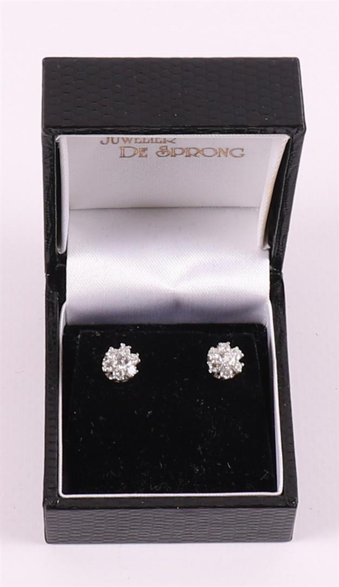 A pair of 18 kt 750/1000 white gold stud earrings, set with 14 diamonds.