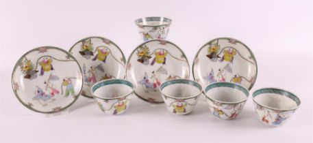 A series of five porcelain cups and four saucers, France Samson