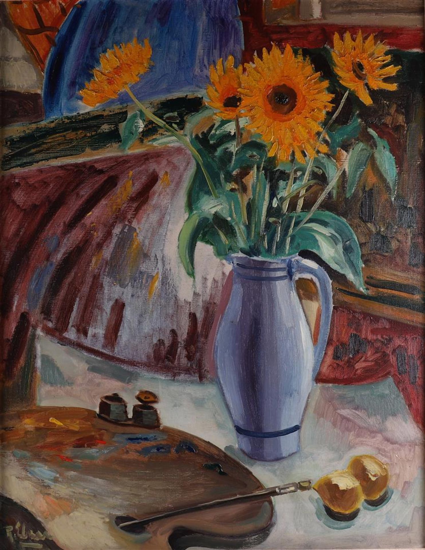 Elzer, Ruurd (Sneek, 1915-1995) 'Still life with sunflowers', - Image 3 of 5