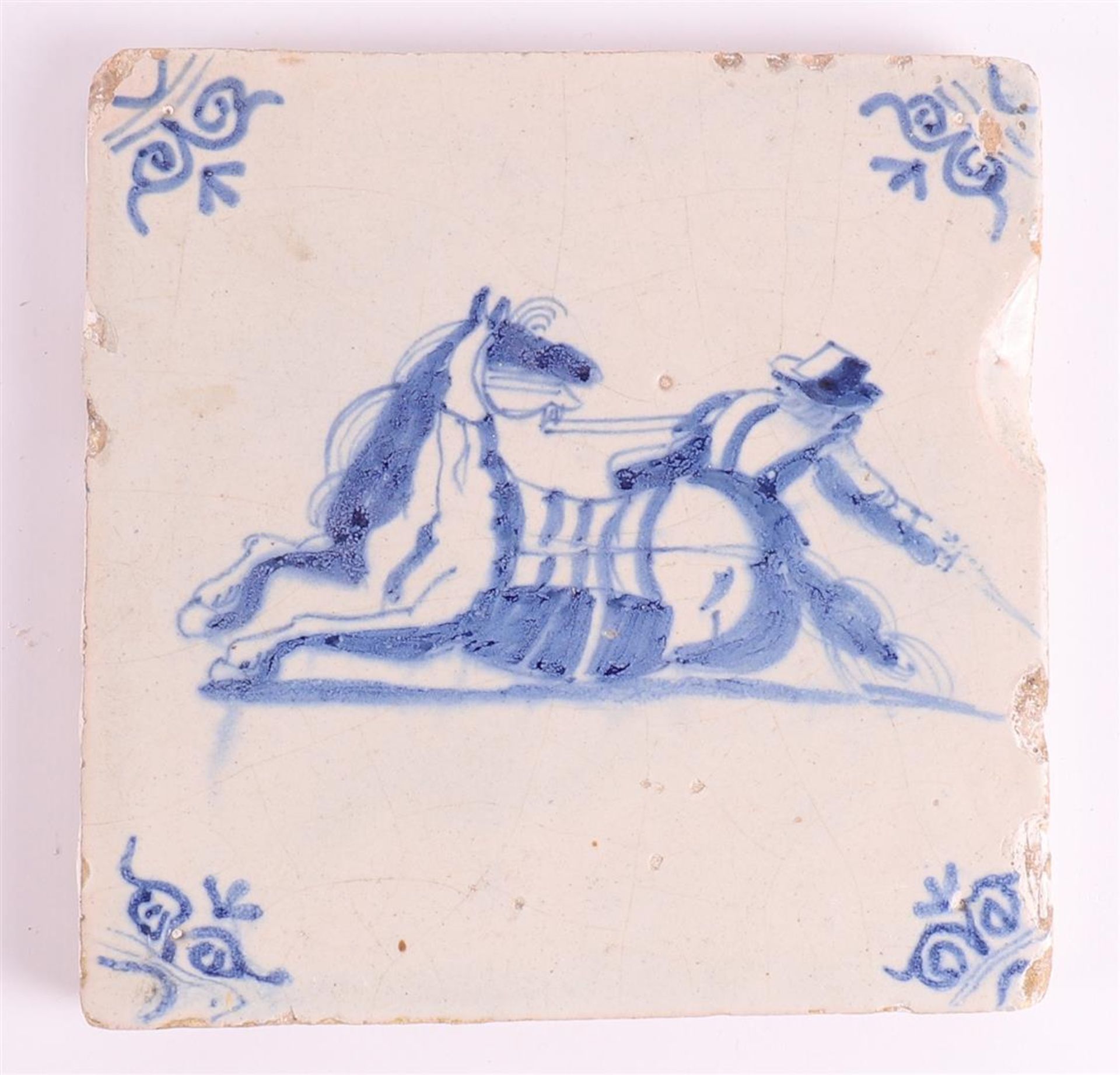 Three blue/white equestrian tiles with ox head corner motifs, Holland 17th centu - Image 5 of 5