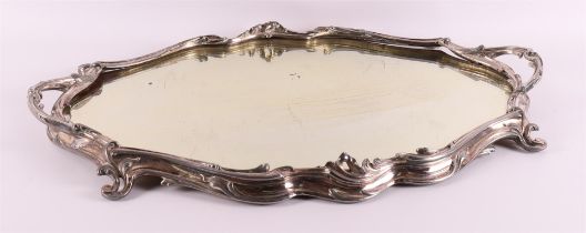 An oval nickel-plated pewter Art Nouveau salver with mirror, France,