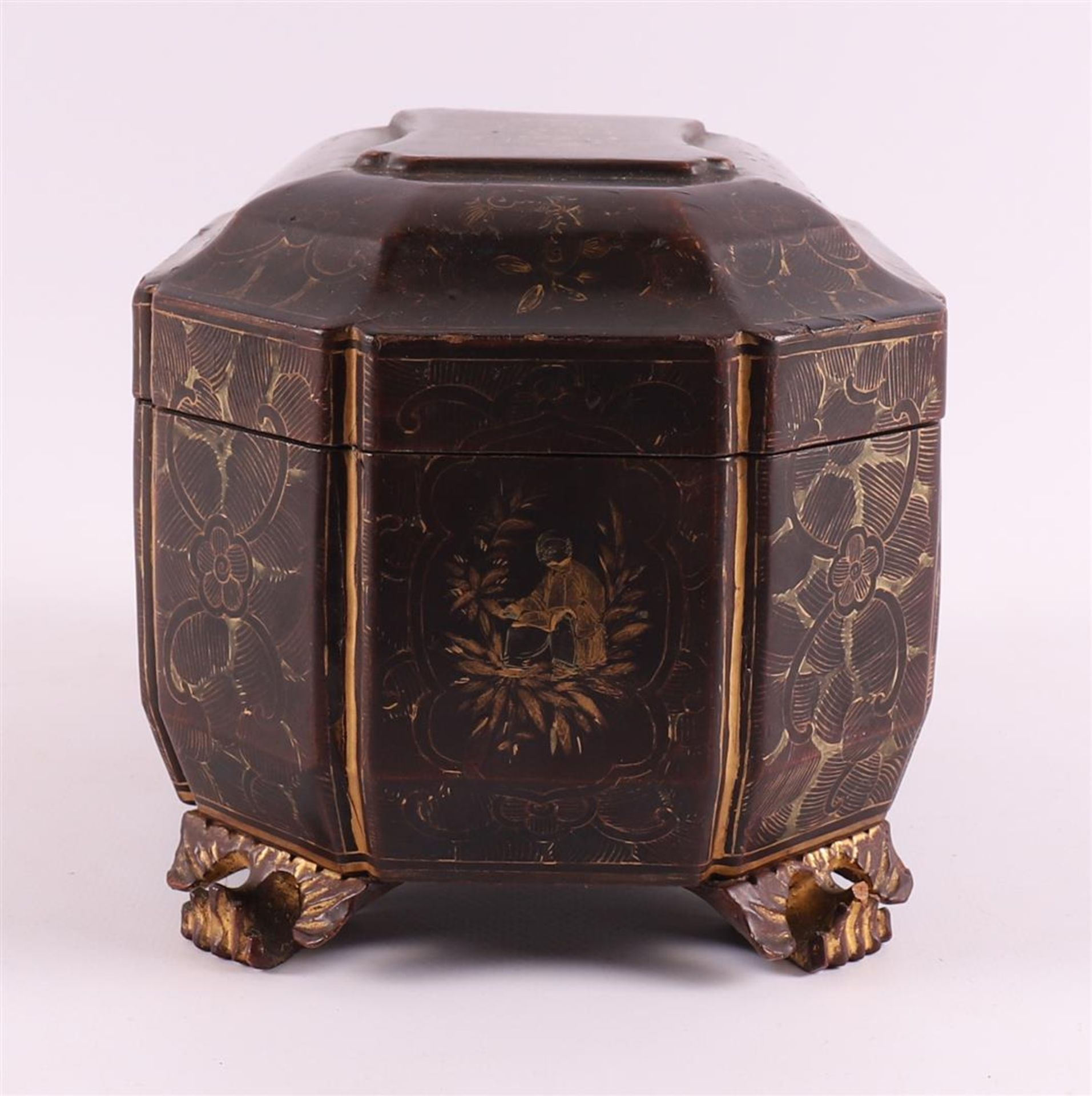 A gold-coloured decorated Chinese black lacquer tea chest, Qing dynasty, - Image 6 of 11