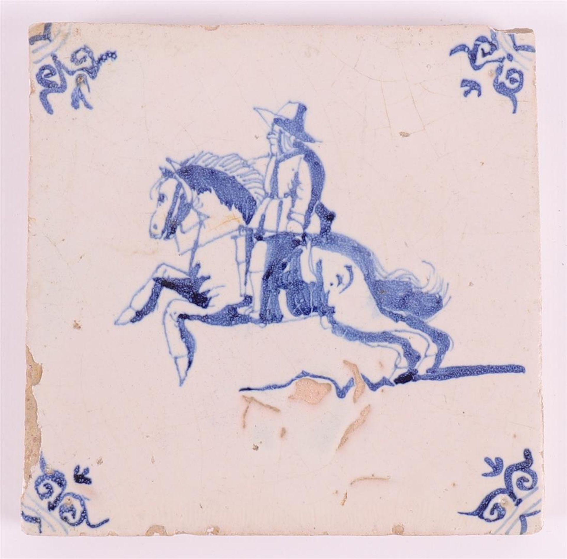 Three blue/white equestrian tiles with ox head corner motifs, Holland 17th centu - Image 3 of 5