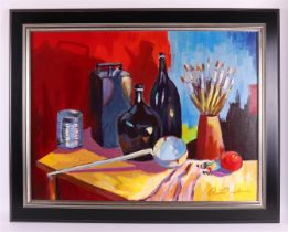 Zuidersma, Arie (Emmen 1925-Zuidlaren 2014) 'Still life with bottles and slave',