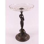 A bronze Art Nouveau Tazza with clear glass contoured bowl, ca. 1900.