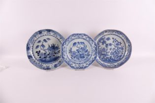 Three various blue/white porcelain octagonal dishes, China, Qianlong.