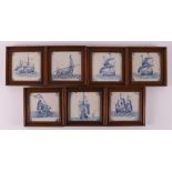 Seven blue/white tiles depicting seagoing vessels, 18th century