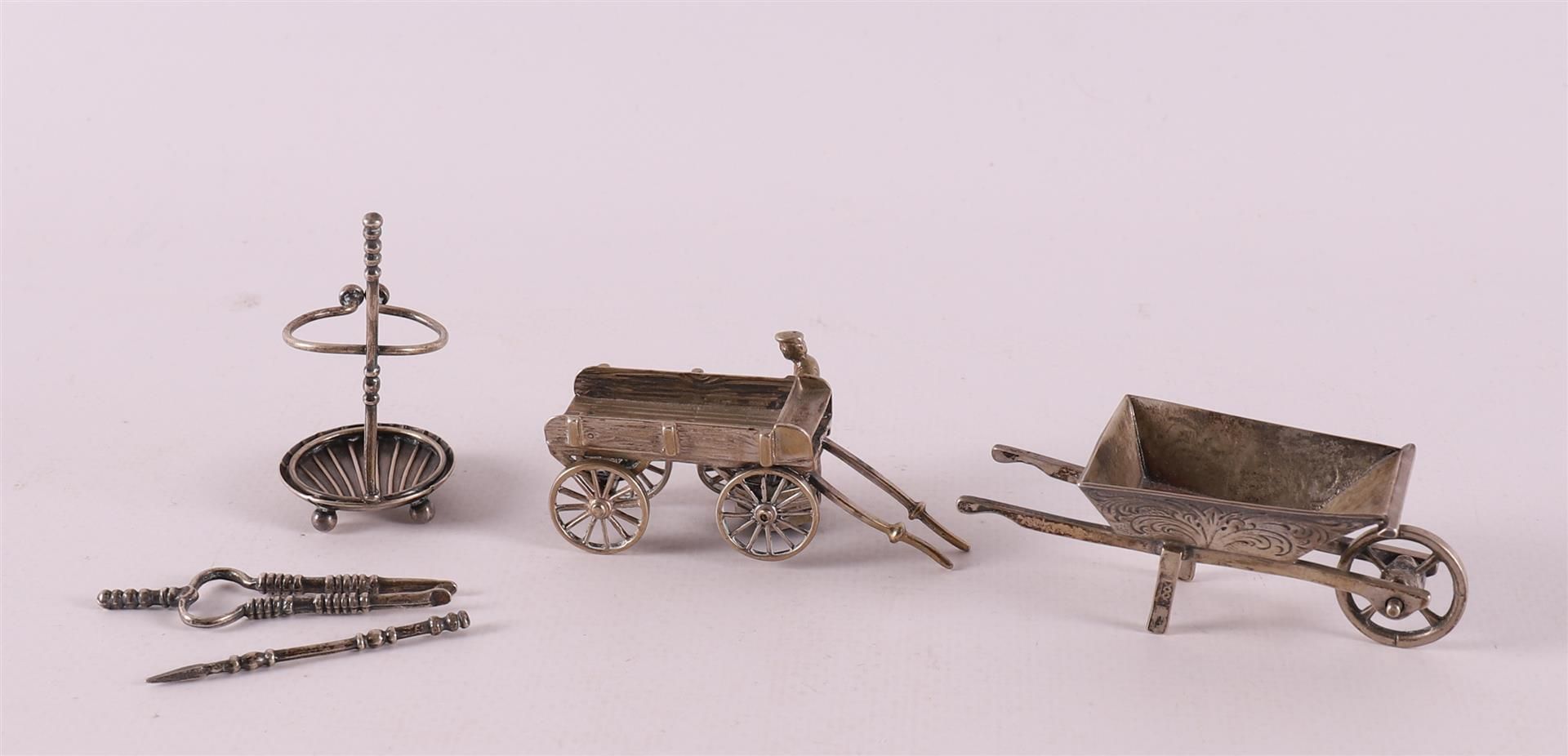 Etagere silver. Three various figures including fireplace set and wheelbarrow, 2 - Image 2 of 2