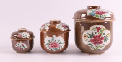 Three various porcelain famille rose lidded pots, so-called Batavia porcelain, C