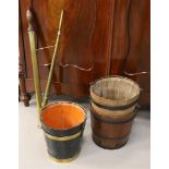 A brass window sprayer with matching lacquered pine bucket with brass handle,
