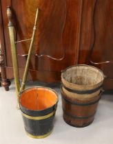 A brass window sprayer with matching lacquered pine bucket with brass handle,