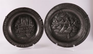 A white pewter dish with relief decoration of Solomon's judgment, 18th/19th cent