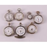 A lot of seven various pocket watches, including silver, around 1900.