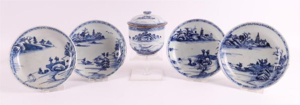 A blue/white porcelain jar and four saucers, China, Qianlong, 18th C.