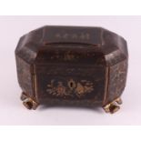 A gold-coloured decorated Chinese black lacquer tea chest, Qing dynasty,