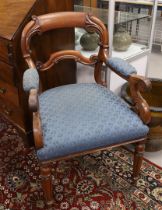A mahogany armrest armchair with blue fabric upholstery, Holland,