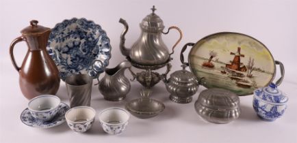 A plain pewter tea set + miscellaneous, 1st half of the 20th century