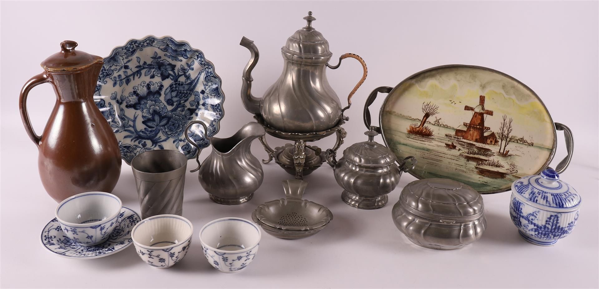 A plain pewter tea set + miscellaneous, 1st half of the 20th century