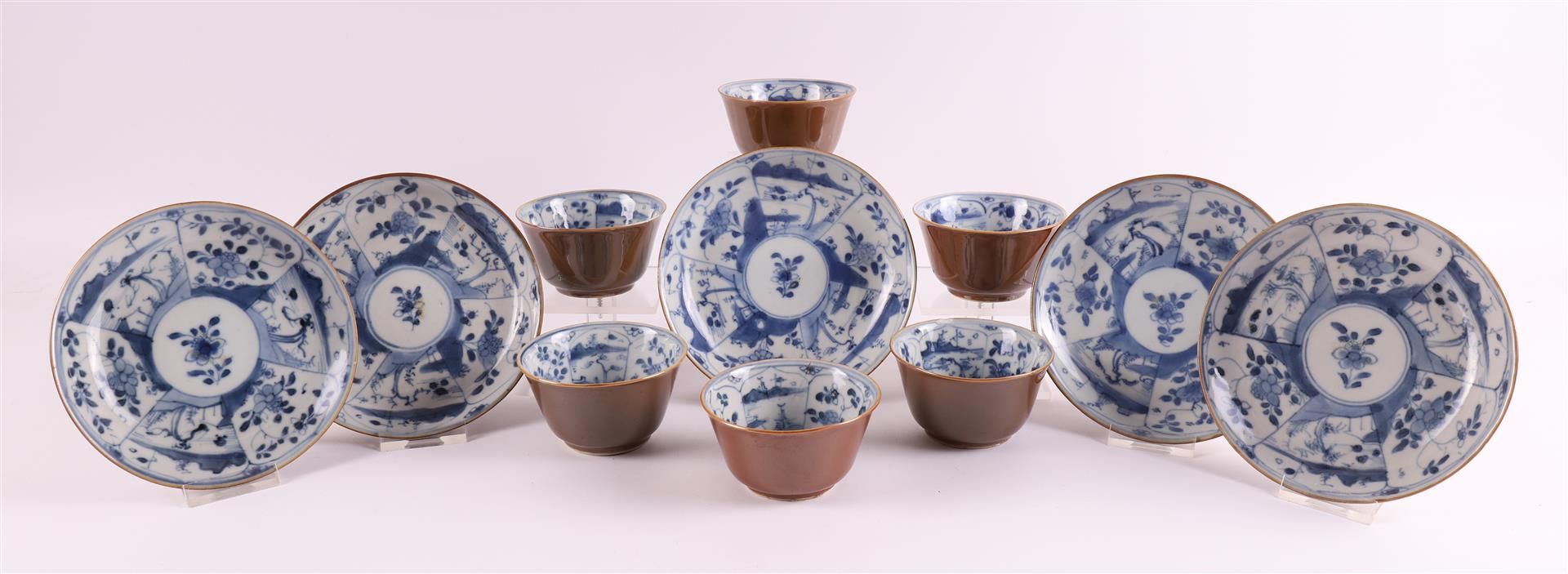 A series of blue/white and capuchin porcelain cups and saucers, China, Qianlong