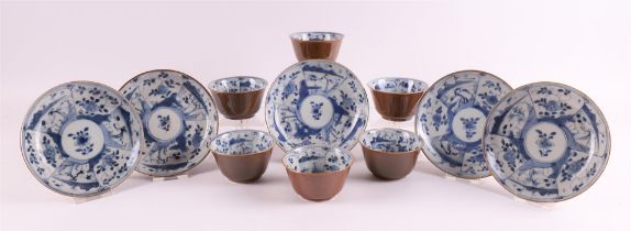 A series of blue/white and capuchin porcelain cups and saucers, China, Qianlong