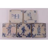 Three various blue/white tiles with, among other things, an image of a nobleman,