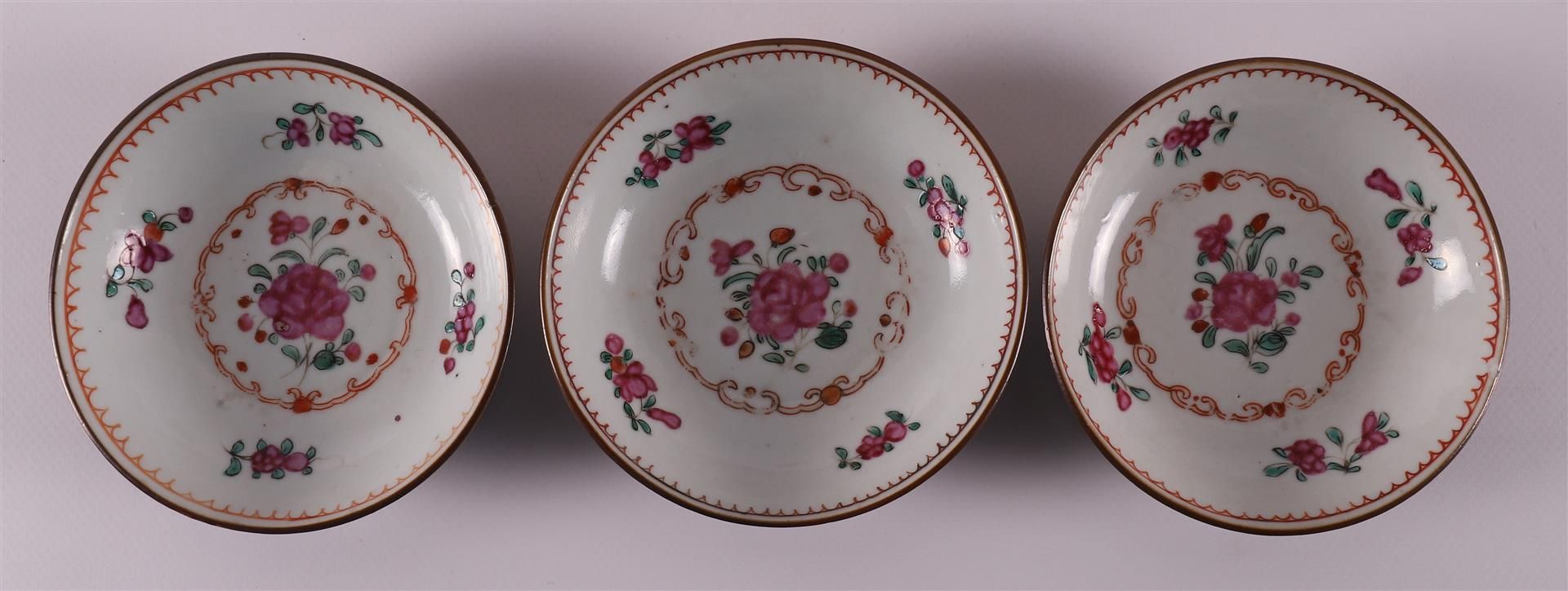 Three famille rose cups and saucers on capucine ground, China, Qianlong, 18th ce - Image 2 of 9