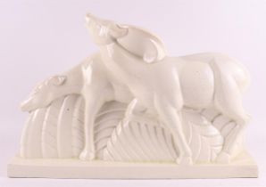 A white earthenware Art Deco statue of a couple of deer, France, Charles Lemance