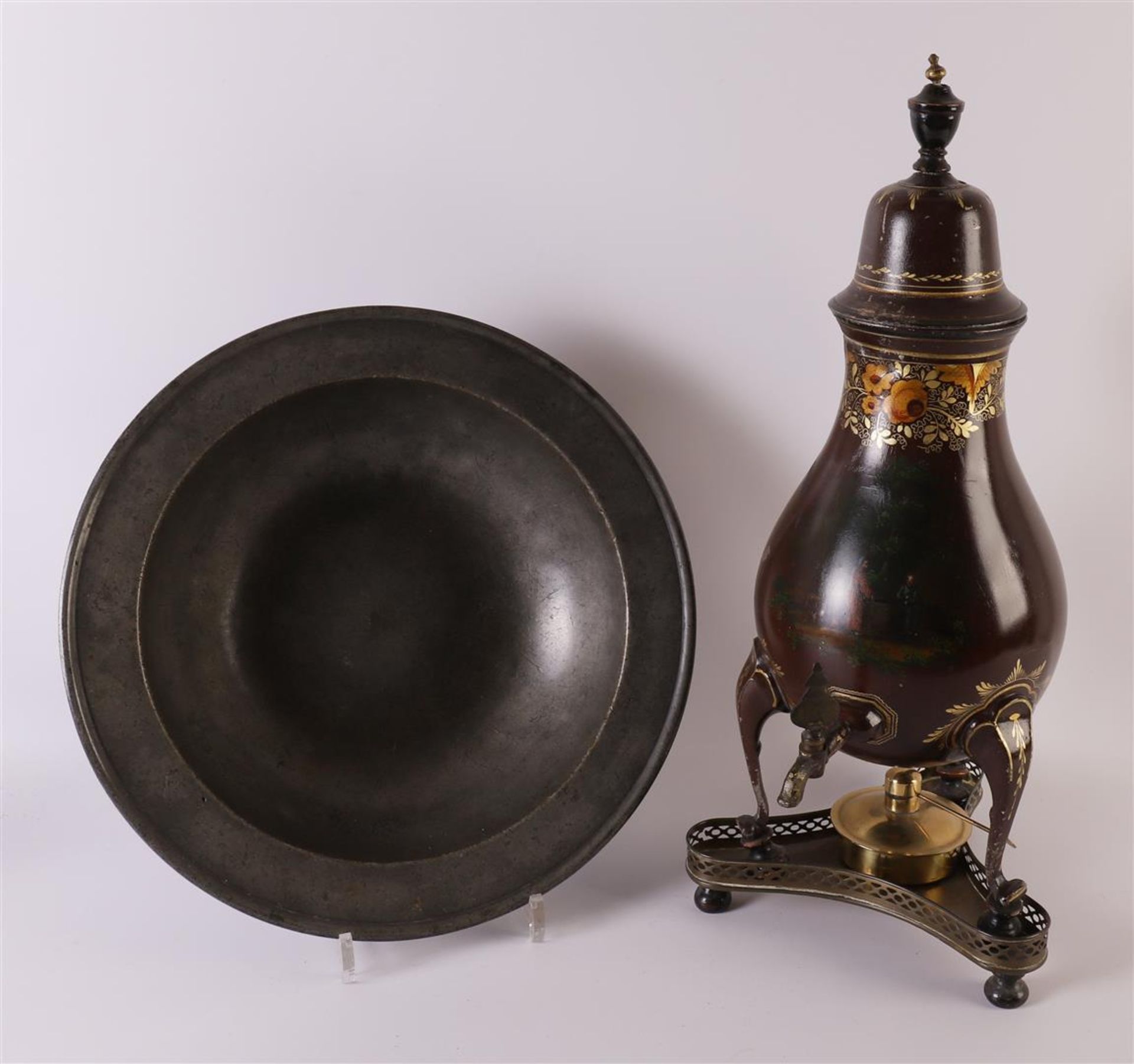 A black lacquered pear-shaped tap jug with polychrome landscape decor,
