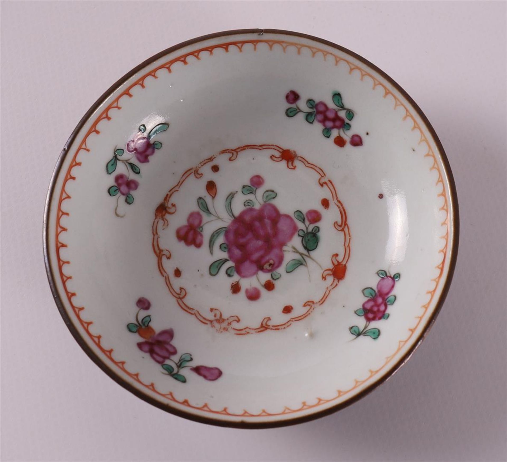 Three famille rose cups and saucers on capucine ground, China, Qianlong, 18th ce - Image 4 of 9