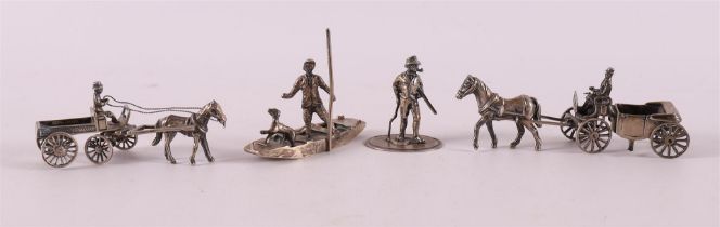 Etagere silver. Four various figures including hunter and horse and cart, 20th c