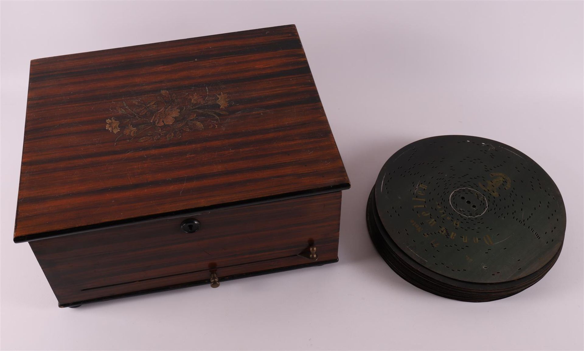A polyphonic record music box with three bells and various records, 19th century - Image 3 of 3
