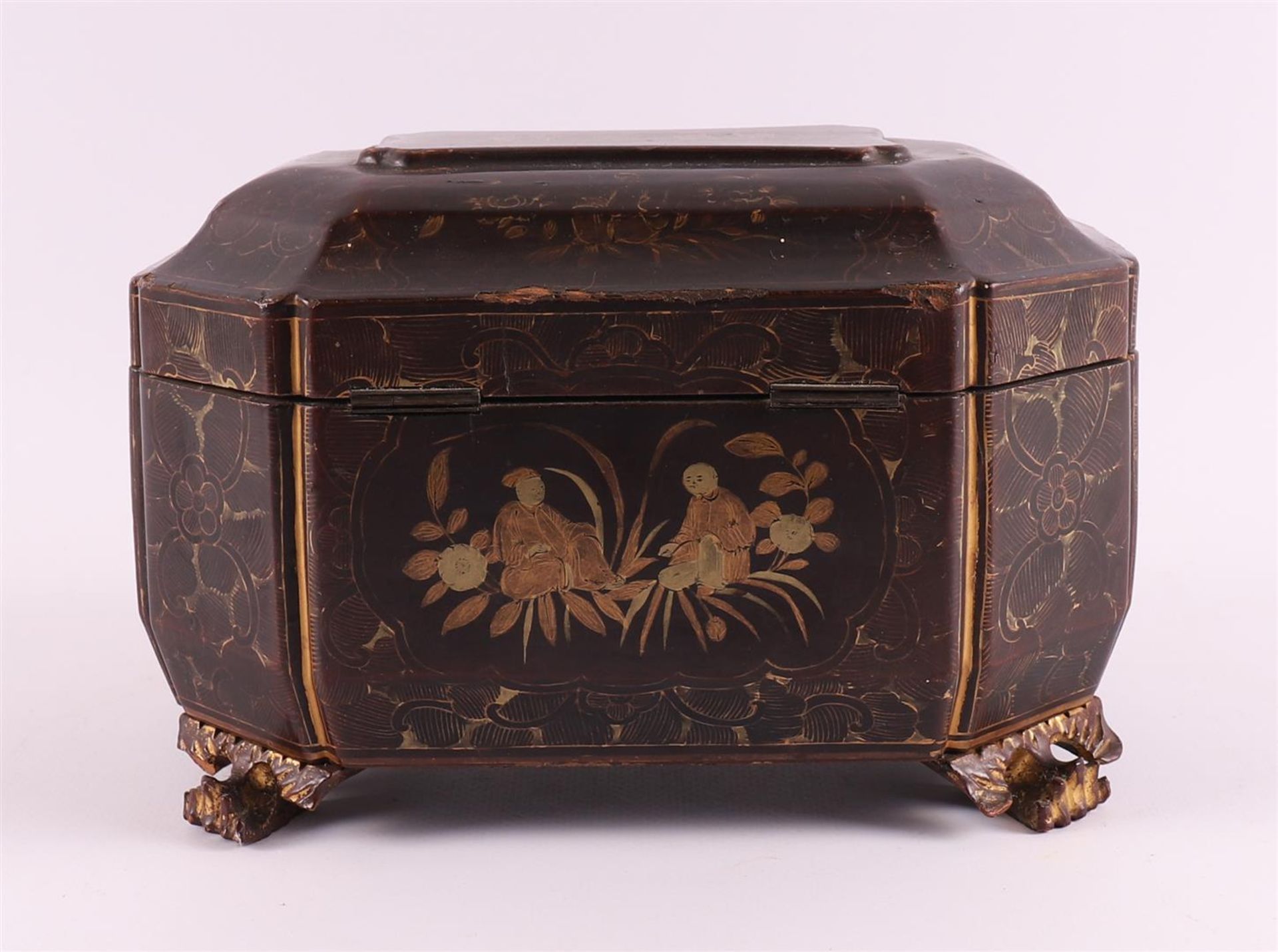 A gold-coloured decorated Chinese black lacquer tea chest, Qing dynasty, - Image 5 of 11